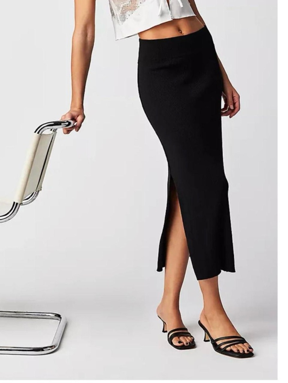 NWT Free People Golden Hour Contemporary Midi Slit Knit Skirt in Black, Size XL.